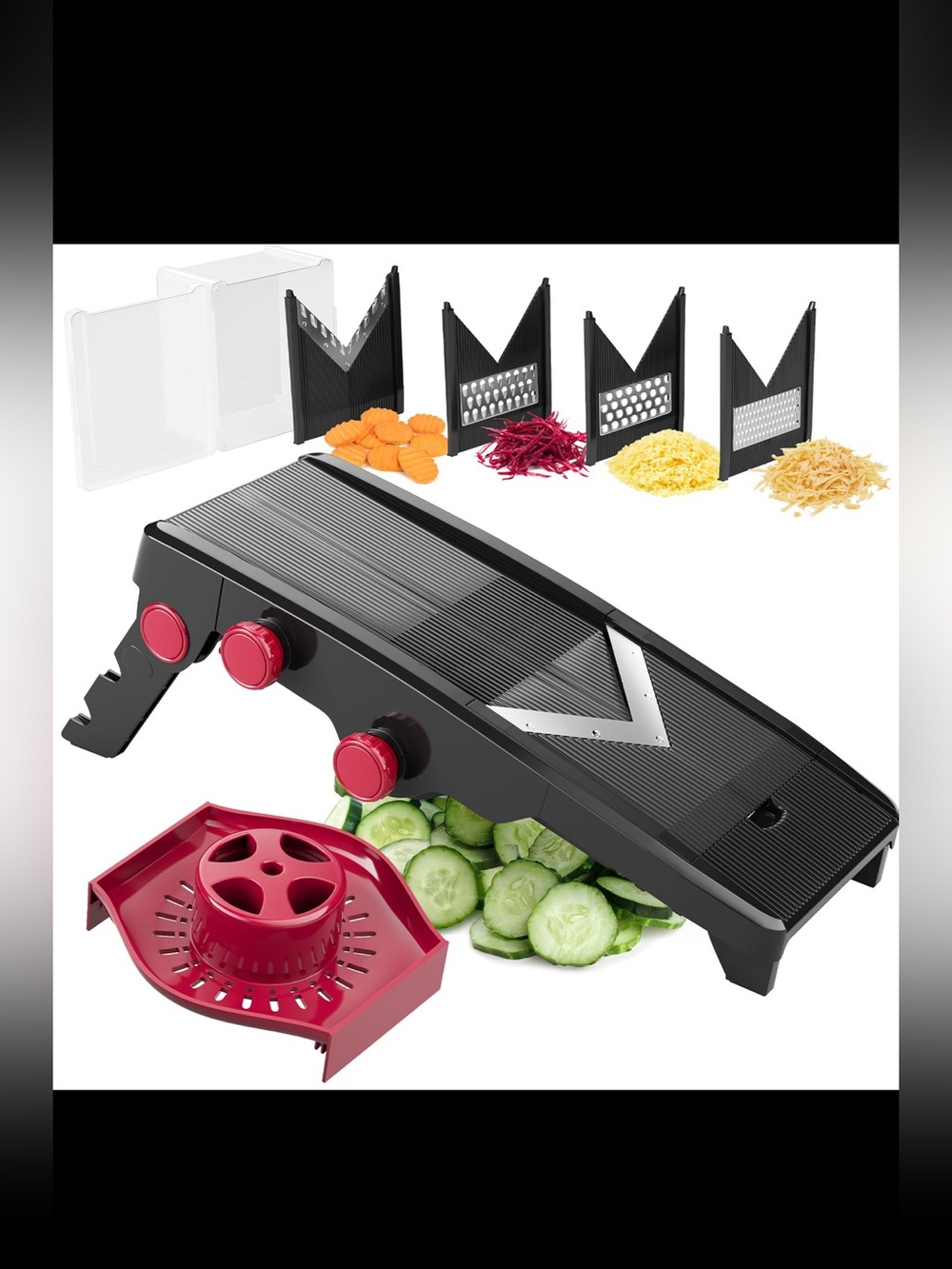 Adjustable Vegetable Mandoline Slicer - Black with Red Accents